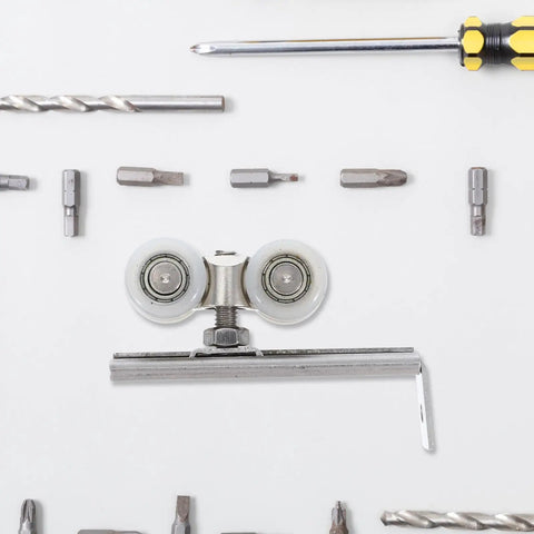 Top Notch Two Piece Stainless Steel Barn Door Roller Hardware With Foolproof Wall Mounted Track And Heavy Duty Wheels For Tight Rooms And Hassle Free Install with wheels and tools.