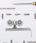 Heavy Duty Stainless Steel Sliding Door Pulleys With Smooth As Butter Bearings For Barn Door Wheels and Closet Track System installed among tools.