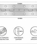 Heavy Duty Stainless Steel Continuous Hinge With Holes 3 Inch Open Width And 72 Inch Length showing pin design and mounting holes.