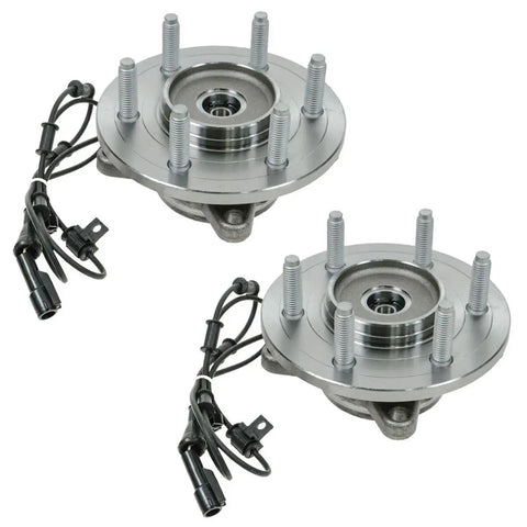 Rock Solid 6 Piece Front Suspension Kit Including Inner And Outer Tie Rod Ends Plus Left Right Wheel Hub Bearings For Ford Expedition And Lincoln Navigator 4WD Models Year 2003 Through 2006, showing dual row wheel hub bearings with sensor wires.
