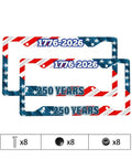 Two Pack Patriotic License Plate Frames For The 250th Anniversary Stars And Stripes Aluminum Plate Holder Fits Standard US 12 By 6 Inch Four Hole Mount With Fade Resistant Print Screws Included, showing two holders with '1776-2026' and '250 Years' text and screws.