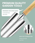 Close-up of stainless steel trowel with wooden handle from Top Notch 10 Piece Heavy Duty Garden Tool Set With Storage Bag