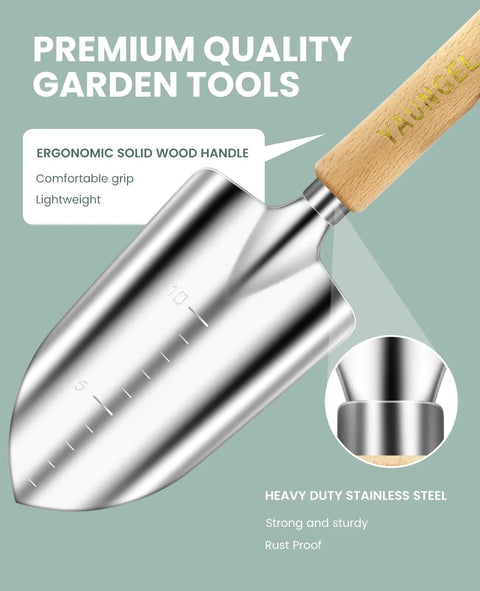 Close-up of stainless steel trowel with wooden handle from Top Notch 10 Piece Heavy Duty Garden Tool Set With Storage Bag