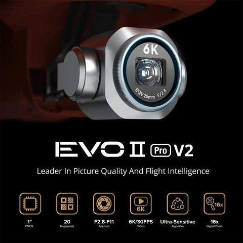 EVO II V2 Pro 6K Rugged Drone Bundle camera close-up showcasing advanced lens, 6K resolution, and flight intelligence features.