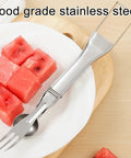3 In 1 Watermelon Cutter Slicer Fork Tool in stainless steel with watermelon cubes on plate