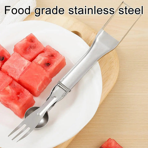 3 In 1 Watermelon Cutter Slicer Fork Tool in stainless steel with watermelon cubes on plate