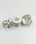 Heavy Duty Cam Lock Fittings Kit Featuring Solid Cam Nuts And Eccentric Bolts For Furniture Assembly and Cabinet Joinery Rust Proof Hardware showing three metal cam nuts.