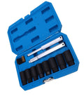 Heavy Duty Impact Lug Nut Removal Socket Kit For Effortless Wheel Lock Extraction Built With Chrome Molybdenum Steel To Bust Rusty Bolts And Stripped Nuts Quickly On Cars Trucks SUVs Boats And Home Projects Without Breaking A Sweat., blue case with 8-piece impact lug nut removal sockets