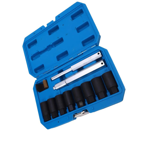 Heavy Duty Impact Lug Nut Removal Socket Kit For Effortless Wheel Lock Extraction Built With Chrome Molybdenum Steel To Bust Rusty Bolts And Stripped Nuts Quickly On Cars Trucks SUVs Boats And Home Projects Without Breaking A Sweat., blue case with 8-piece impact lug nut removal sockets
