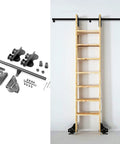 Adjustable Retractable Ladder Track Kit for Sliding Barn Doors and Indoor Loft Storage with Top Shelf Round Tube Rail and Whisper Quiet Floor Roller Wheels Perfect for Libraries and Closets Simple Zero Hassle Install showing hardware and wooden ladder.