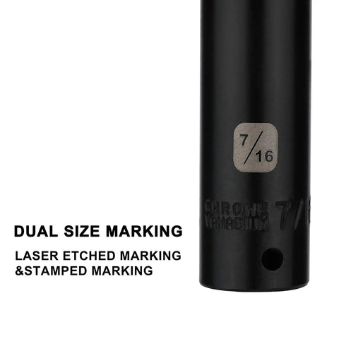Close-up of dual size marking on beefy CR-V steel socket from 55 Piece 1/4 Inch Drive Master Impact Socket Set With Deep And Shallow Sockets 6 Point