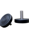Super Strong Stainless Steel Adjustable Furniture Levelers Pack Of Eight With One Point Five Inch Base Heavy Duty Build To Fix Wobbly Tables Chairs Using Three Eighths Sixteen Thread, showing two levelers with threaded metal rods and round black bases.