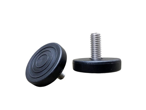 Super Strong Stainless Steel Adjustable Furniture Levelers Pack Of Eight With One Point Five Inch Base Heavy Duty Build To Fix Wobbly Tables Chairs Using Three Eighths Sixteen Thread, showing two levelers with threaded metal rods and round black bases.
