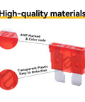 100 Pack 10 Amp Atc Ato Standard Fuse Blades For Cars Trucks Boats Rvs With Tin Plated Zinc Terminals Offering Legit Heavy Duty No Sweat Short Circuit Protection | Close-up of red fuse with AMP marks and transparent design.