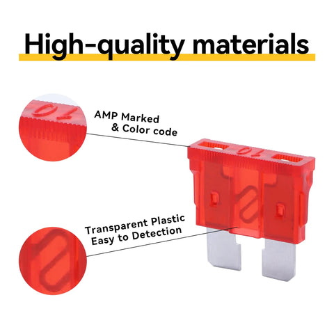 100 Pack 10 Amp Atc Ato Standard Fuse Blades For Cars Trucks Boats Rvs With Tin Plated Zinc Terminals Offering Legit Heavy Duty No Sweat Short Circuit Protection | Close-up of red fuse with AMP marks and transparent design.