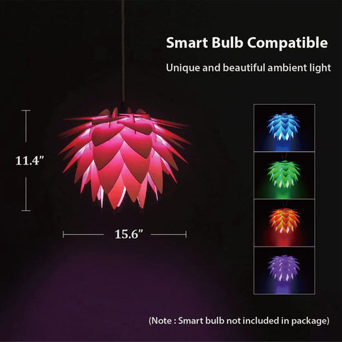 Lotus Flower Plug-In Pendant Light With Wood Boho Shade, 11.4”x15.6”, multi-color glow, smart bulb compatible, for cozy ambience