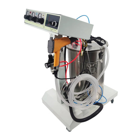 Jaryannix 110V Electrostatic Powder Coating Machine With Fast 500 G Min Output. Professional spray gun setup with metallic finishing tank.