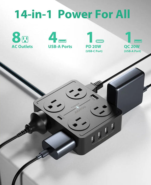 Totally Stacked 8 Outlets Power Strip Surge Protector With 6 USB Ports USB C 20W And USB A 20W on desk, devices connected