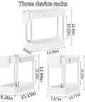 Super Slick 3 Pack Under Sink Organizer With Bonus Hanging Cups For Bathroom And Cabinet Storage, three white racks with dimensions shown.