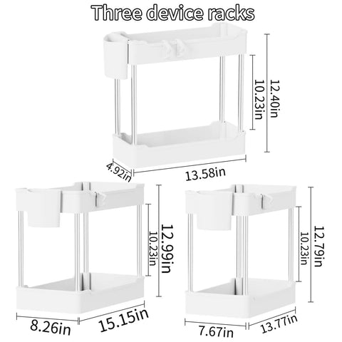Super Slick 3 Pack Under Sink Organizer With Bonus Hanging Cups For Bathroom And Cabinet Storage, three white racks with dimensions shown.