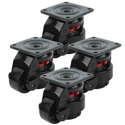 Heavy Duty Leveling Caster Set Rock Solid Adjustable Metal Composite Wheels Four Pack Rolls Smooth On Any Surface Precision Plate Mount For Workshop Gear Built Tough - Close-up view of four casters with precision plate mounts.