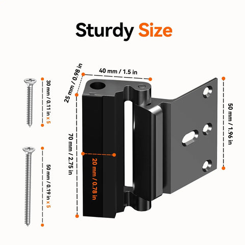 Heavy Duty Door Reinforcement Lock For Front And Inward Swing Doors With 1200Lb Ultra Strength And Wider Strike Plate Flip Deadbolt Latch For Night Safety For Kids Two Pack Black shown with measurements and screws.