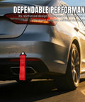 Heavy Duty Racing Tow Strap With Thick Nylon Towing Rope And Secure Hooks, Badass 2 Ton Pulling Power For Smooth Emergency Vehicle Recovery And Rear Bumper Mount In Vibrant Red, mounted on car bumper.