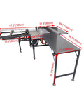 Pro Grade 220V Woodworking Table Saw With Dust Free Housing And Smooth Four Way Swing Arm for Razor Sharp Precision Cuts Includes Eight And Four Inch Blades Solid Shop Bench Tool with dimensions labeled.