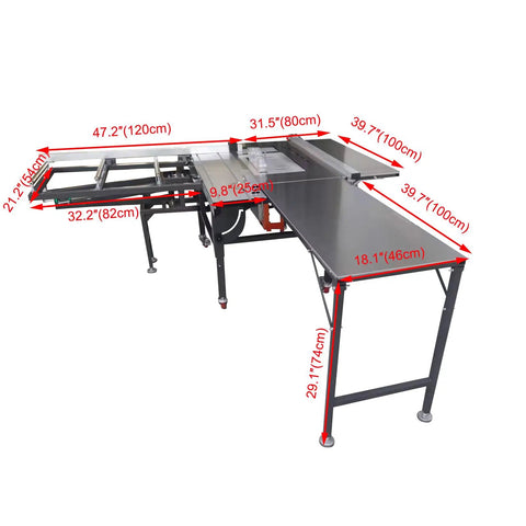 Pro Grade 220V Woodworking Table Saw With Dust Free Housing And Smooth Four Way Swing Arm for Razor Sharp Precision Cuts Includes Eight And Four Inch Blades Solid Shop Bench Tool with dimensions labeled.