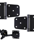 Self Closing Gate Hardware Kit With Self Locking Gate Latch And Two Pack 3.5 Inch Heavy Duty Adjustable Spring Hinges in black.
