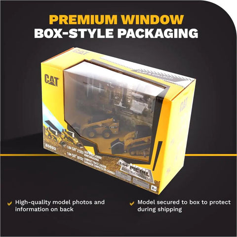 1 64 Scale Cat Skid Steer Loader And 297D2 Compact Track Loader Set with Diecast Metal in box packaging with clear window
