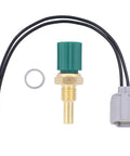 Toyota Engine Coolant Temperature Sensor Upgrade for Tacoma Tundra 4Runner Camry and More Keep Your Ride Cool Under the Hood with Accurate Temp Readings Quick Install and Reliable Engine Performance. brass threaded coolant temp sensor with green connector, pigtail wires, and washer
