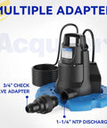 Automatic 1/4 HP Pool Cover Pump with 2250 GPH Submersible Sump Pump, 3/4 Inch Check Valve Adapter, base, and power cord.