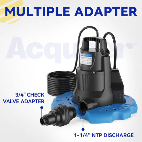 Automatic 1/4 HP Pool Cover Pump with 2250 GPH Submersible Sump Pump, 3/4 Inch Check Valve Adapter, base, and power cord.