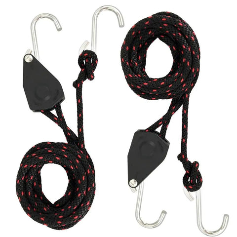Heavy Duty Rope Tie Downs 1 Quarter Inch By 10 Feet With Adjustable Ratchet Pulleys 2-Pack shown coiled with metal S-hooks
