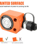 Orange hydraulic ram jack with black threaded plug and mounting ring; compact Porta Power mini cylinder.