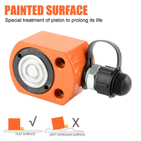 Orange hydraulic ram jack with black threaded plug and mounting ring; compact Porta Power mini cylinder.