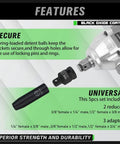 Featured: Five-Piece Cr-V Steel Impact Socket Adapters Set, 3/8 Inch Drive, showcasing components and securing feature, black oxide finish