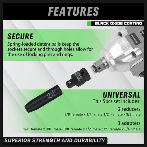Featured: Five-Piece Cr-V Steel Impact Socket Adapters Set, 3/8 Inch Drive, showcasing components and securing feature, black oxide finish