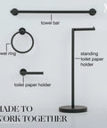 Black 4 piece bathroom set with towel bar, towel ring, toilet paper holder, and standing holder on white background.