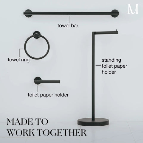 Black 4 piece bathroom set with towel bar, towel ring, toilet paper holder, and standing holder on white background.