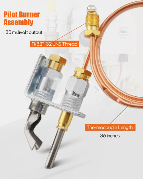 Pilot burner assembly with thermocouple, copper tubing coil, brass fittings, 11/32-32 UNS thread