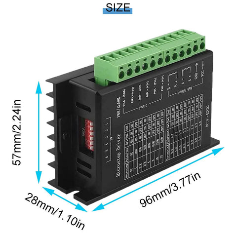 TB6600 microstepped stepper motor driver module with green terminal block; black aluminum housing, side view.