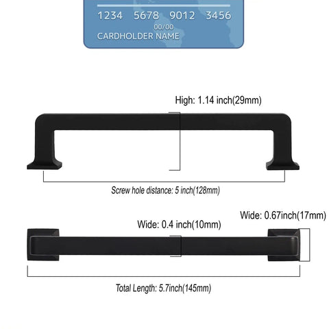 Badass Matte Black Cabinet Handles And Kitchen Drawer Pulls With 5 Inch Center To Center Spacing Heavy Duty Construction Includes Cuttable Mounting Screws Each Piece Individually Wrapped Totally Dope Upgrade For Your Home Remodeling Project Right Now dimensions with sizes labeled.