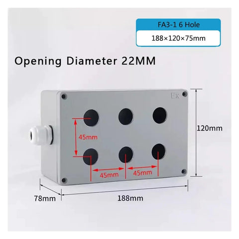 Front view of push button switch control station box in cast aluminum, IP67, six 22mm holes, 188×120×75mm