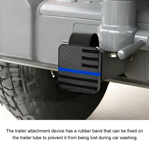 2 Inch Trailer Hitch Cover With American Flag Design attached to a vehicle, black and blue TPU material, universal fit