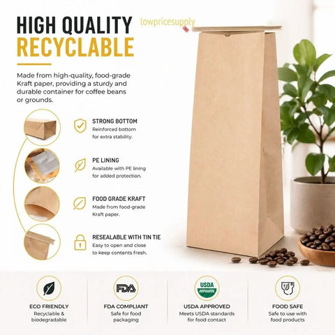 Pack Of 250 Brown Paper Tin Tie Coffee Bags With Reclosable Seal Stand Up Pouches For Coffee Cookies Bakery Packaging And Food Storage Sixteen Inch By Six And One Half Inch By Four Inch with features.