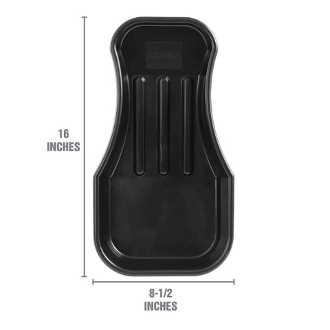 Low Profile Oil Drain Pan With Gooseneck Design 2.8 Quart Heavy Duty Chemical Resistant Plastic, top view with dimensions.