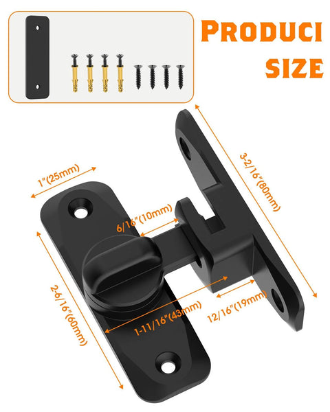 90 To 180 Degree Barn Door Lock Set Black 2 Pieces Small Flip Gate Latches Hardware with screws and spacers shown.