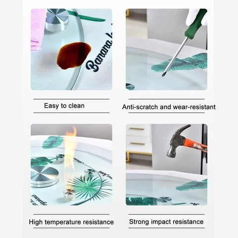 31-35 Inch Tempered Glass Lazy Susan No Fuss Rotating Serving Tray showing easy clean, anti-scratch, high temperature, impact resistance.